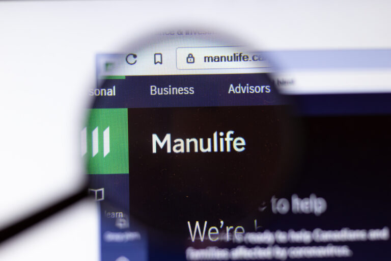 Saint Petersburg, Russia - 29 March 2020: Manulife Financial business company logo visible on screen. Corporation website page close-up, Illustrative Editorial.