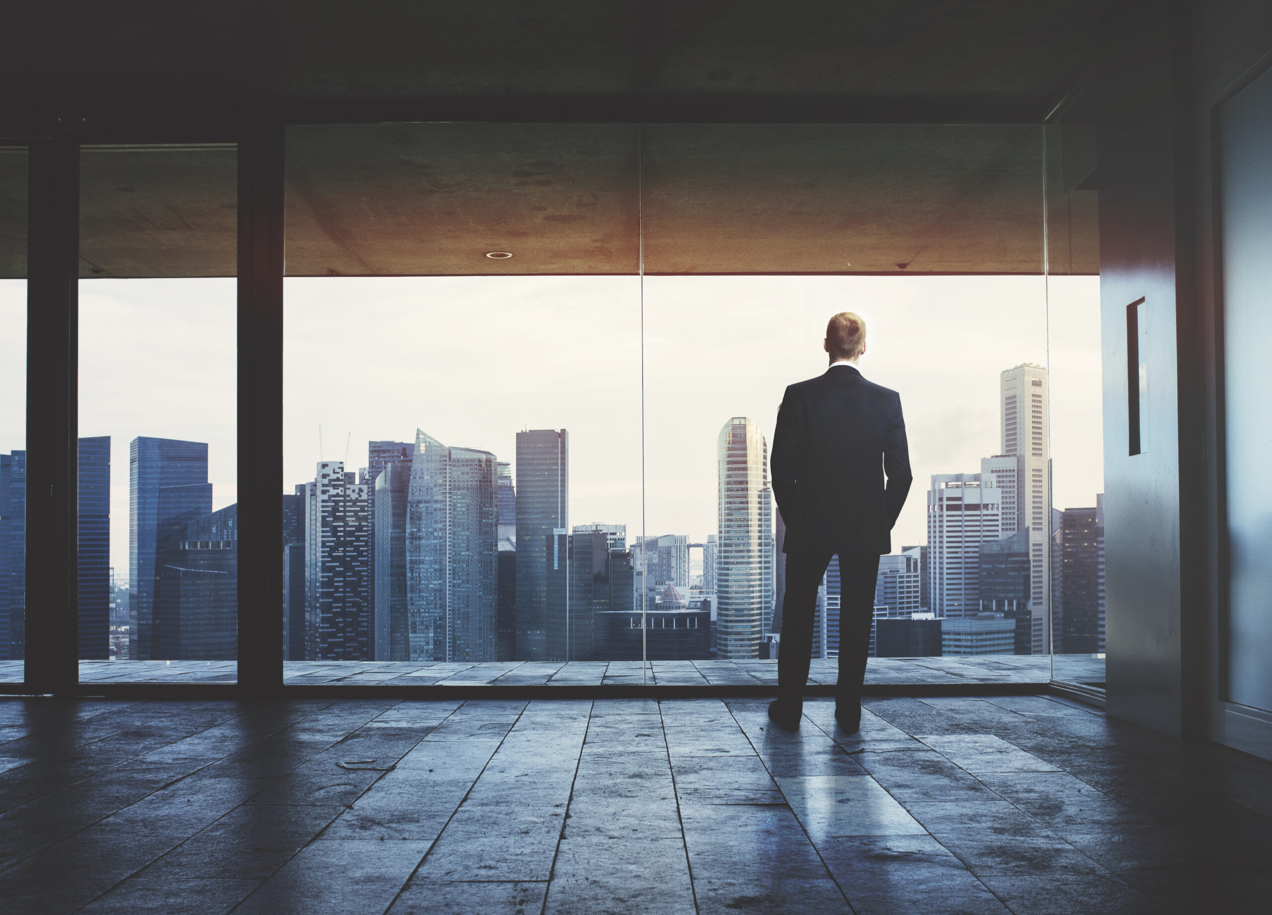 Businessman looking at city through window