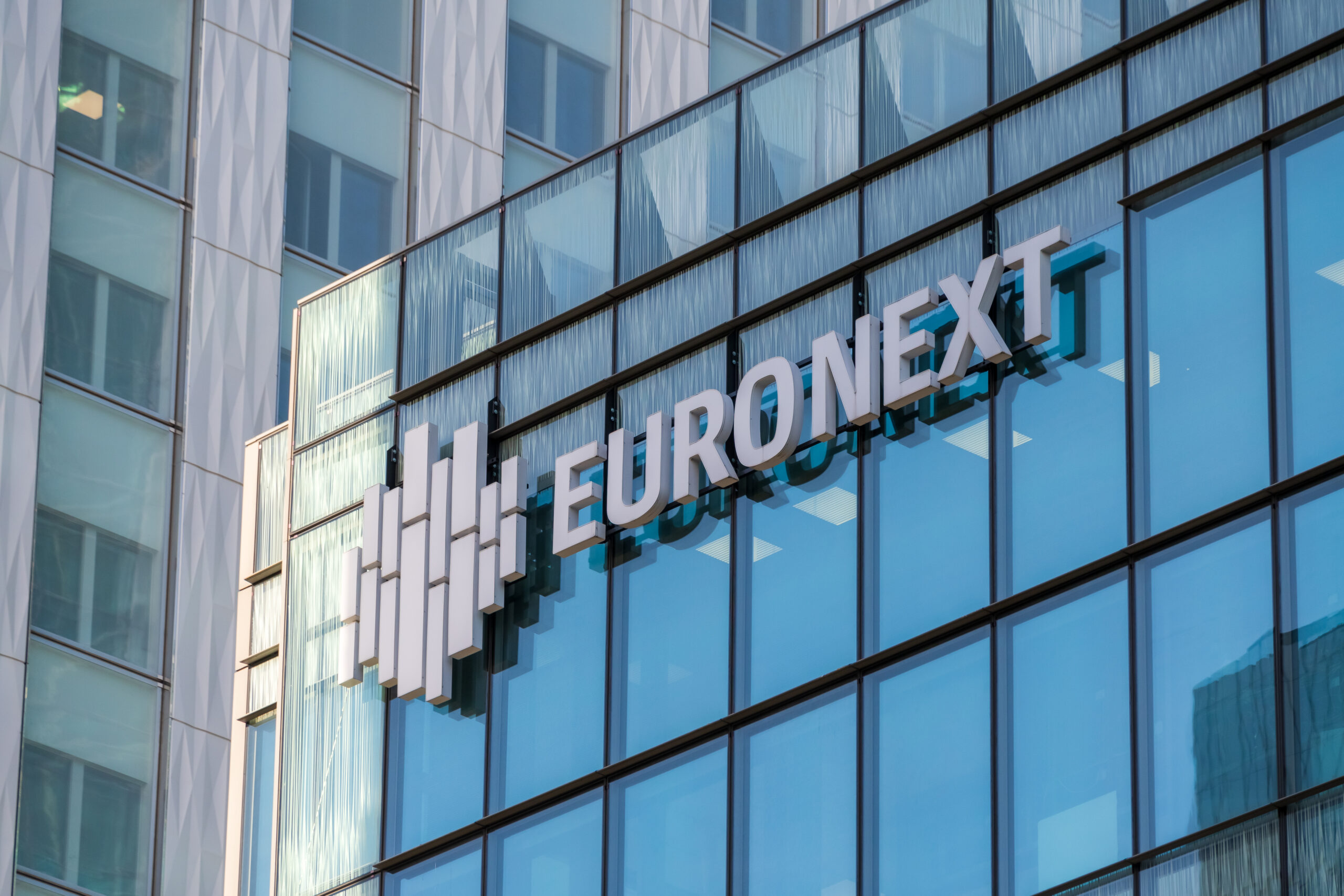 Courbevoie, France - November 12, 2020: Exterior view of the Euronext building in the business district of Paris La Dfense. Euronext is the largest stock exchange in Europe