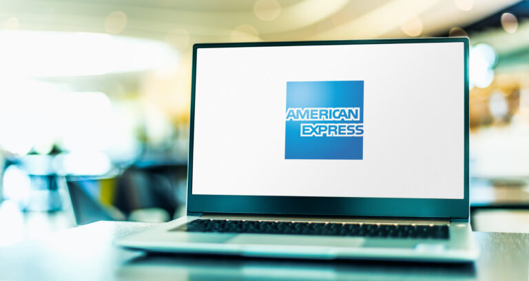 POZNAN, POL - FEB 6, 2021: Laptop computer displaying logo of The American Express Company (Amex), a multinational financial services corporation headquartered in New York City